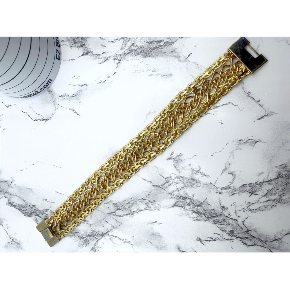 Gold Tone Multi Strand Chain Bracelet 8.75 Inch Wide Statement Foldover Clasp